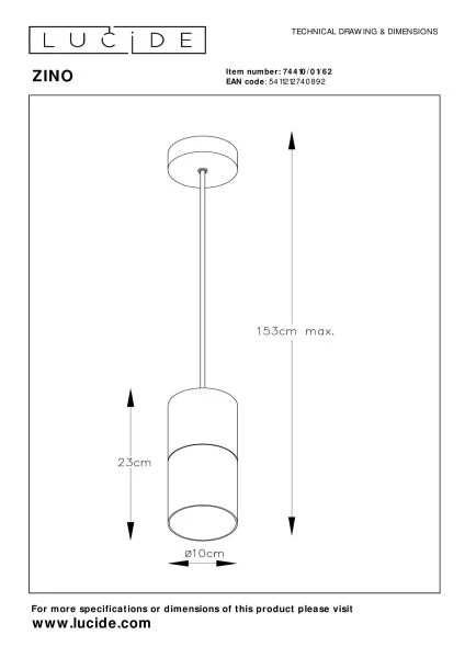 Lucide ZINO - Hanglamp - Ø 10 cm - 1xE27 - Amber - technisch
